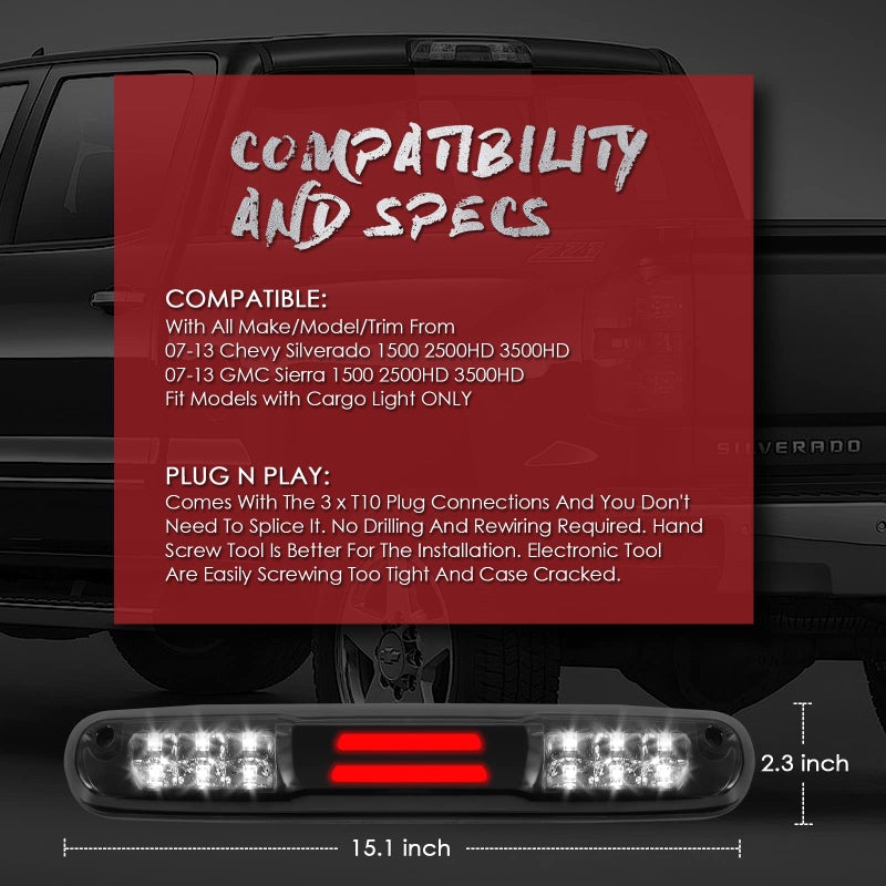 KOMAS 3rd Third Tail Rear Brake Light Replacement For 2007 2008 2009 2010 2011 2012 2013 Chevy Silverado/GMC Sierra High Mount Waterproof 3D Dual Row LED Bar (Smoke Lens) - Image 5